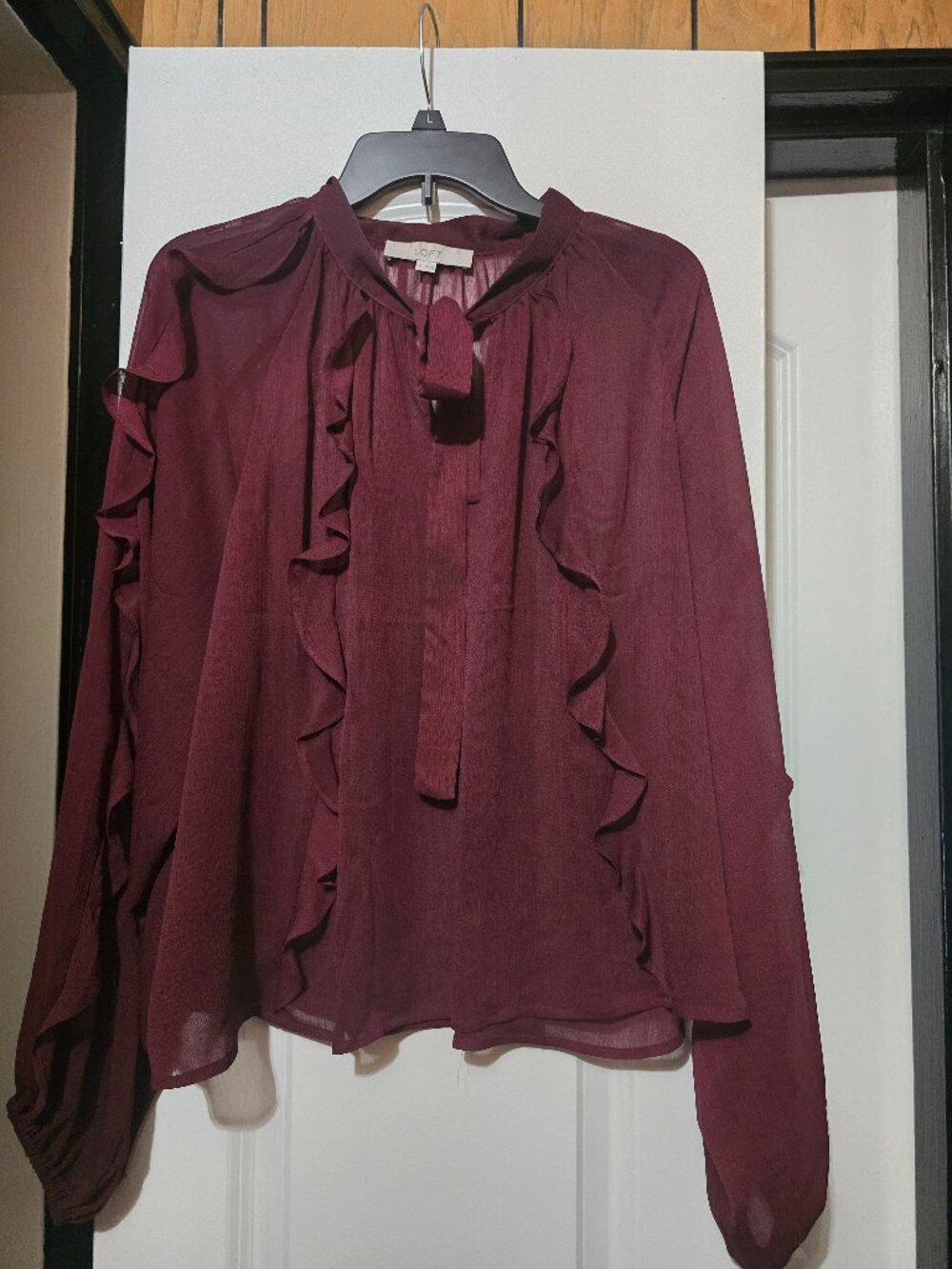 Loft Women's Burgundy Ruffle Tie-Neck See-through Blouse Size Extra Large